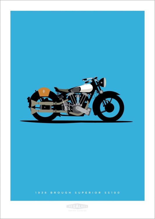 Beautiful hand drawn poster of a classic black and silver 1938 Brough Superior SS100 motorbike on an elegant blue background.