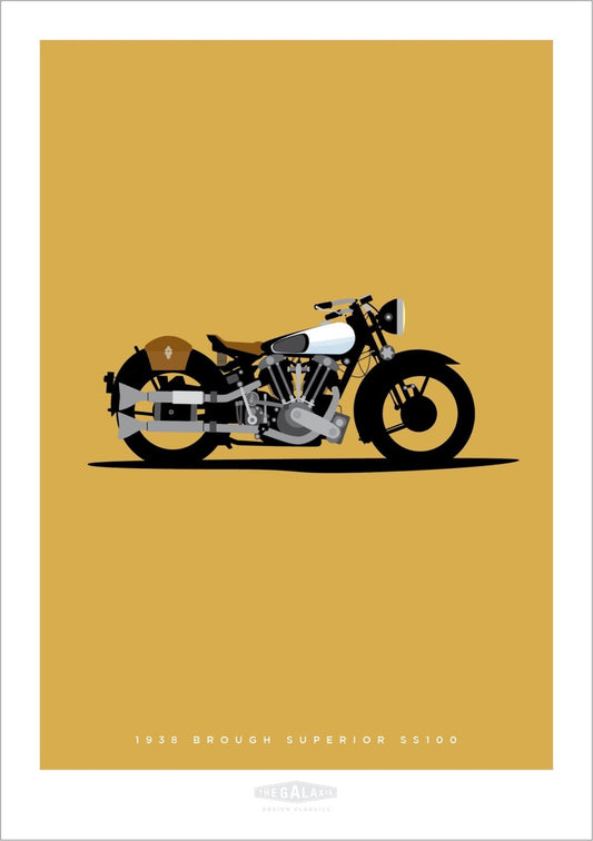 Beautiful hand drawn poster of a classic black and silver 1938 Brough Superior SS100 motorbike on an elegant tan background.