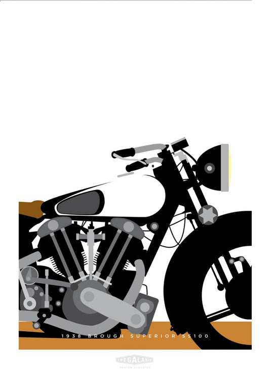 Beautiful hand drawn poster of a classic black and silver 1938 Brough Superior SS100 motorbike on an elegant white background.