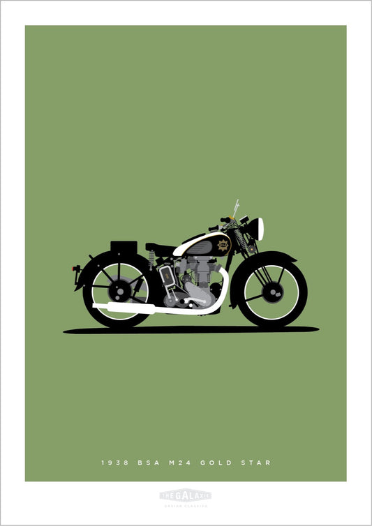 Classy hand drawn poster of a 1938 BSA Gold Star motorbike in black finish on an olive green background.