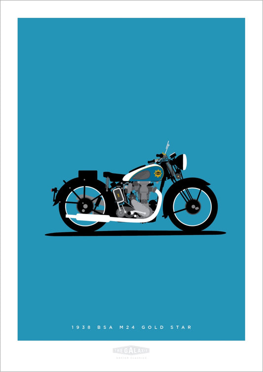 Classy hand drawn poster of a blue and black 1938 BSA Gold Star motorbike on an elegant blue background.