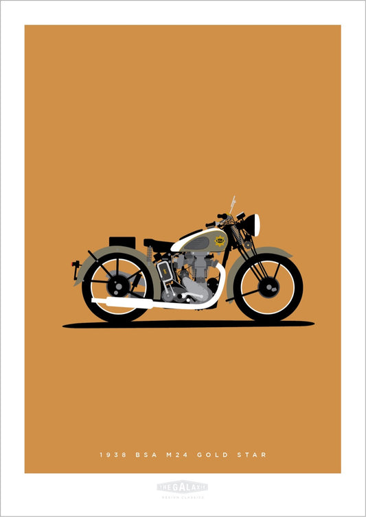 Classy hand drawn poster of a 1938 BSA Gold Star motorbike in cool grey on a tan background.
