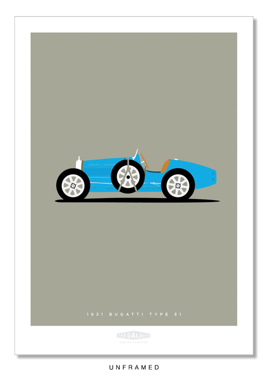 Beautiful hand drawn poster of a magnificant blue 1931 Bugatti Type 51 Roadster on an elegant grey background.