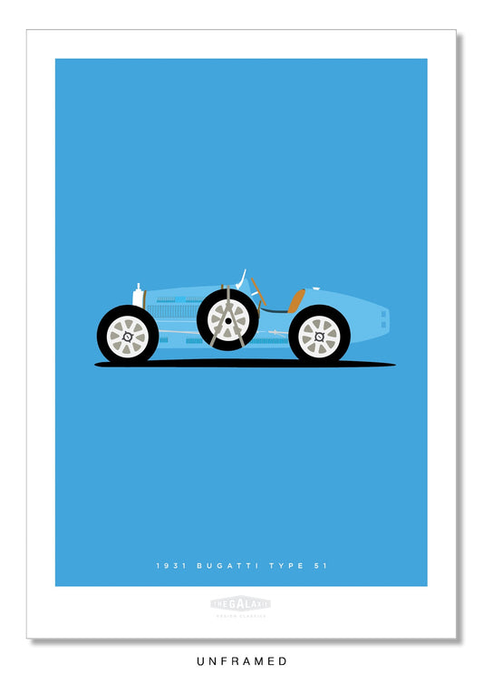 Beautiful hand drawn poster of a magnificant blue 1931 Bugatti Type 51 Roadster on an elegant blue background.