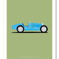 Beautiful hand drawn poster of a magnificant blue 1931 Bugatti Type 51 Roadster on an elegant green background.
