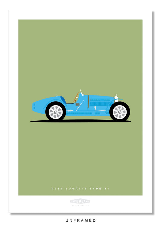 Beautiful hand drawn poster of a magnificant blue 1931 Bugatti Type 51 Roadster on an elegant green background.
