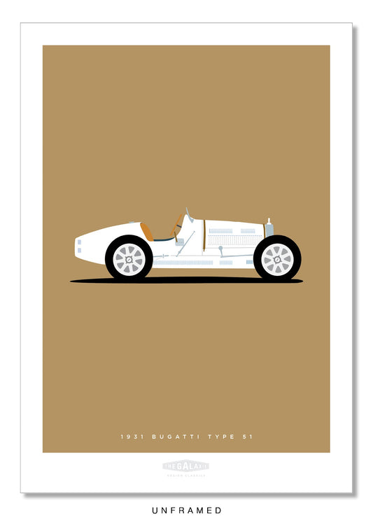 Beautiful hand drawn poster of a magnificant white 1931 Bugatti Type 51 Roadster on an elegant tan background.