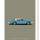 Classy hand drawn poster of a very cool blue and white 1972 Buick Riviera on a soft grey background.