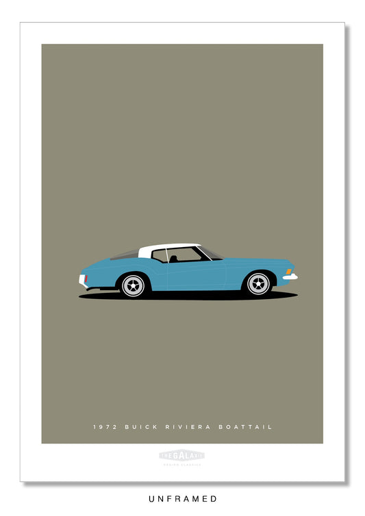 Classy hand drawn poster of a very cool blue and white 1972 Buick Riviera on a soft grey background.