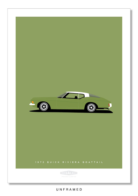 Classy hand drawn poster of a very cool green and white 1972 Buick Riviera on a soft green background.