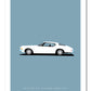 Classy hand drawn poster of a very cool white 1972 Buick Riviera on a soft blue background.