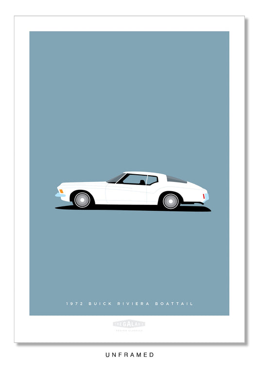 Classy hand drawn poster of a very cool white 1972 Buick Riviera on a soft blue background.