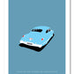 Classy hand drawn poster of a totally stunning blue 1949 Buick Super 50 Sedanette on a soft blue background.