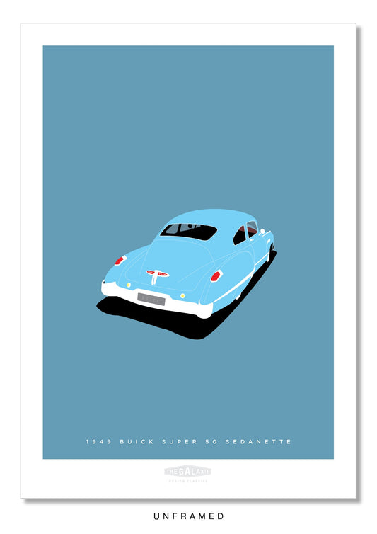 Classy hand drawn poster of a totally stunning blue 1949 Buick Super 50 Sedanette on a soft blue background.