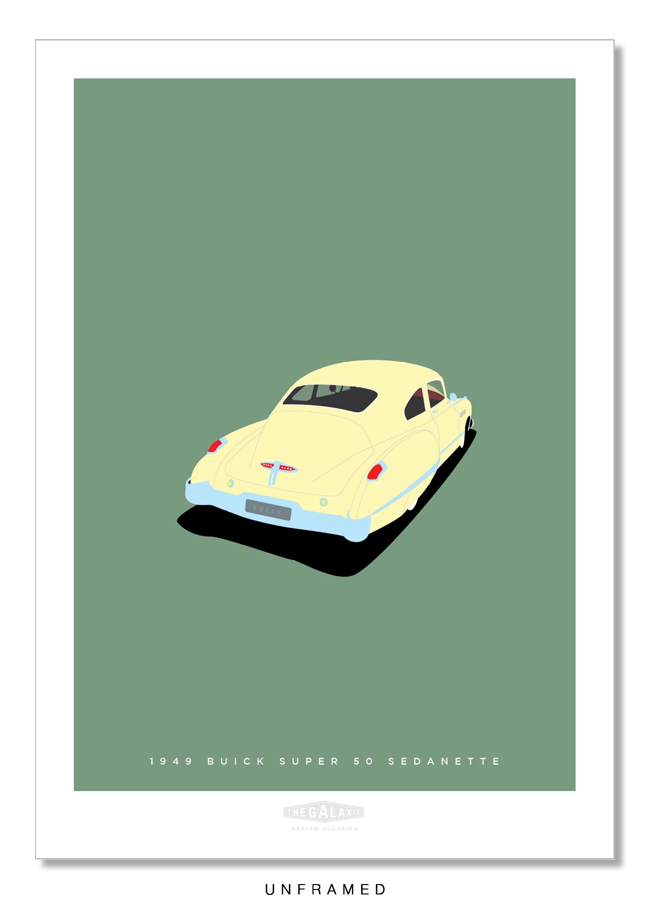 Classy hand drawn poster of a totally stunning cream 1949 Buick Super 50 Sedanette on a soft green background.