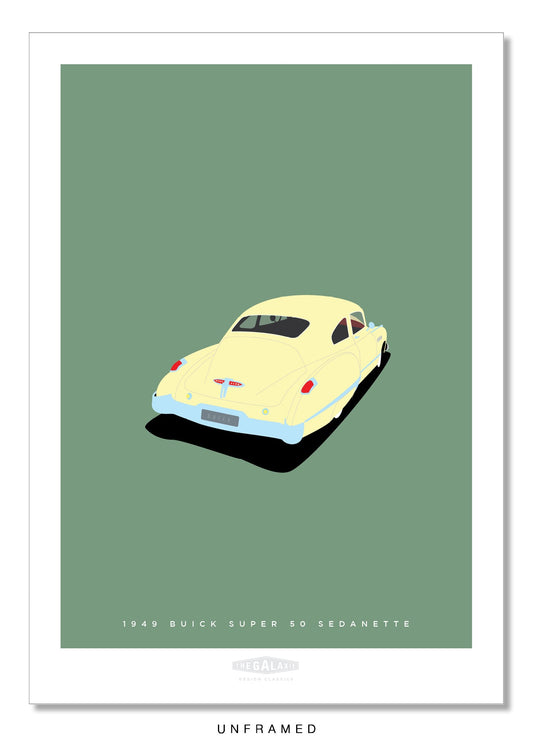 Classy hand drawn poster of a totally stunning cream 1949 Buick Super 50 Sedanette on a soft green background.