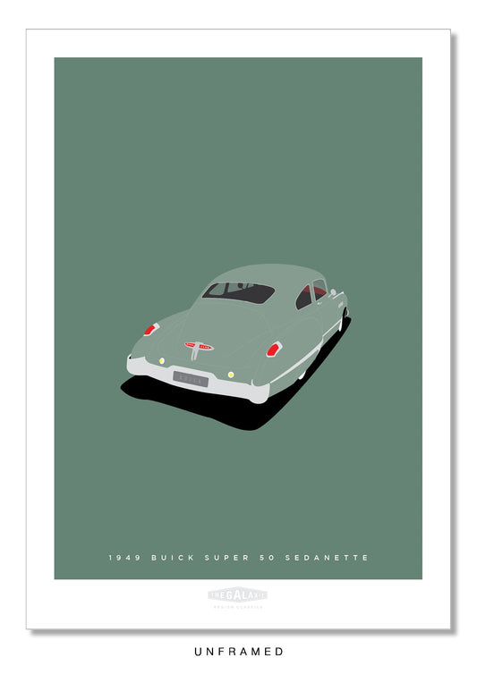 Classy hand drawn poster of a totally stunning green 1949 Buick Super 50 Sedanette on a soft green background.