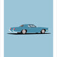 Beautiful hand drawn poster of an elegant grey blue 1969 Cadillac Eldorado on a soft blue background.