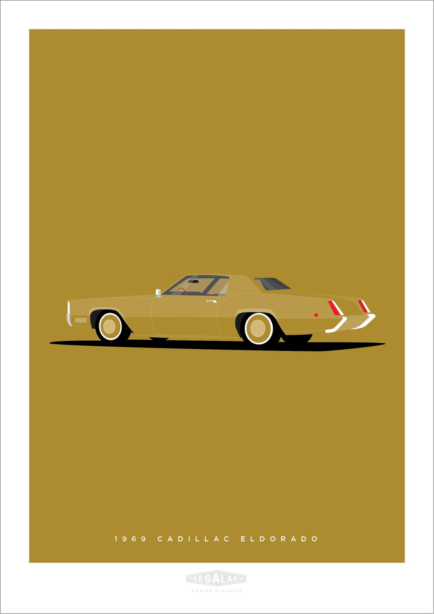 Beautiful hand drawn poster of an elegant gold 1969 Cadillac Eldorado on a soft gold background.