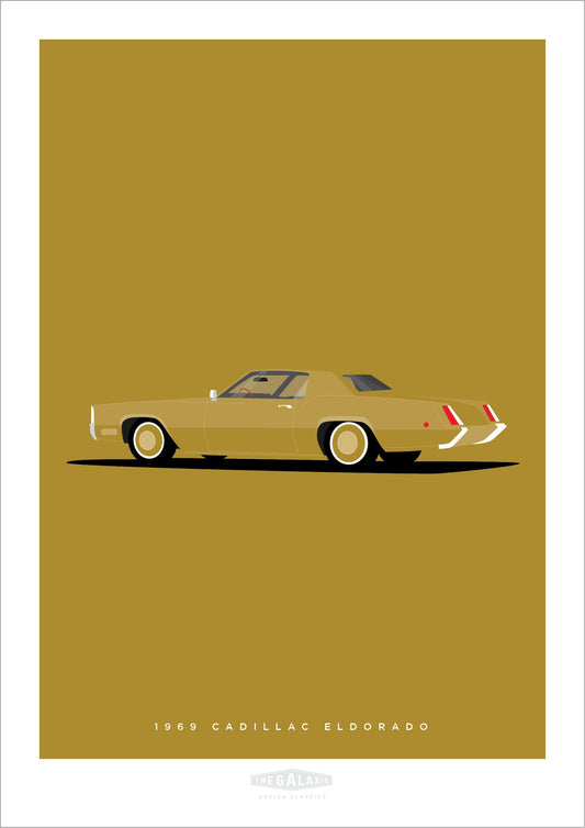 Beautiful hand drawn poster of an elegant gold 1969 Cadillac Eldorado on a soft gold background.