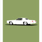 Beautiful hand drawn poster of an elegant white 1969 Cadillac Eldorado on a soft green background.