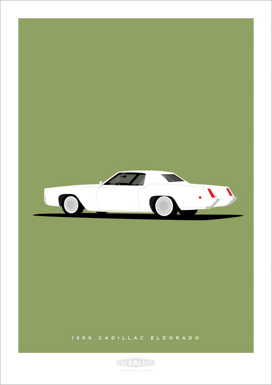 Beautiful hand drawn poster of an elegant white 1969 Cadillac Eldorado on a soft green background.