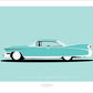 Beautiful hand drawn poster of an elegant acqua 1959 Cadillac Eldorado Seville on a soft acqua background.