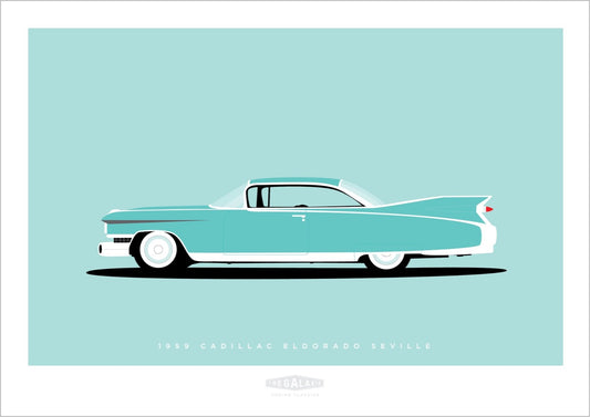 Beautiful hand drawn poster of an elegant acqua 1959 Cadillac Eldorado Seville on a soft acqua background.