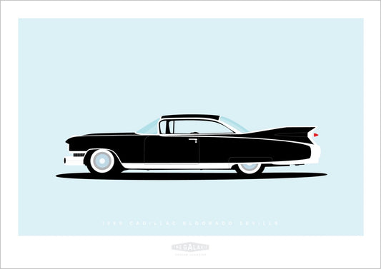 Beautiful hand drawn poster of an elegant black 1959 Cadillac Eldorado Seville on a light blue background.