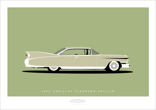 Beautiful hand drawn poster of an elegant olive green 1959 Cadillac Eldorado Seville on a soft green background.