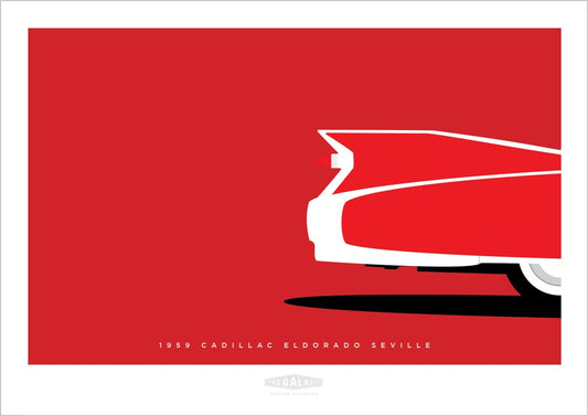 Beautiful hand drawn poster of an elegant red 1959 Cadillac Eldorado Seville tail fin on a red background.
