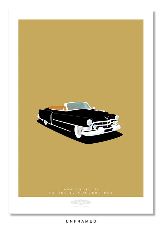 Original hand drawn poster of a magnificent black 1950 Cadillac Series 62 Convertible on a light tan background.