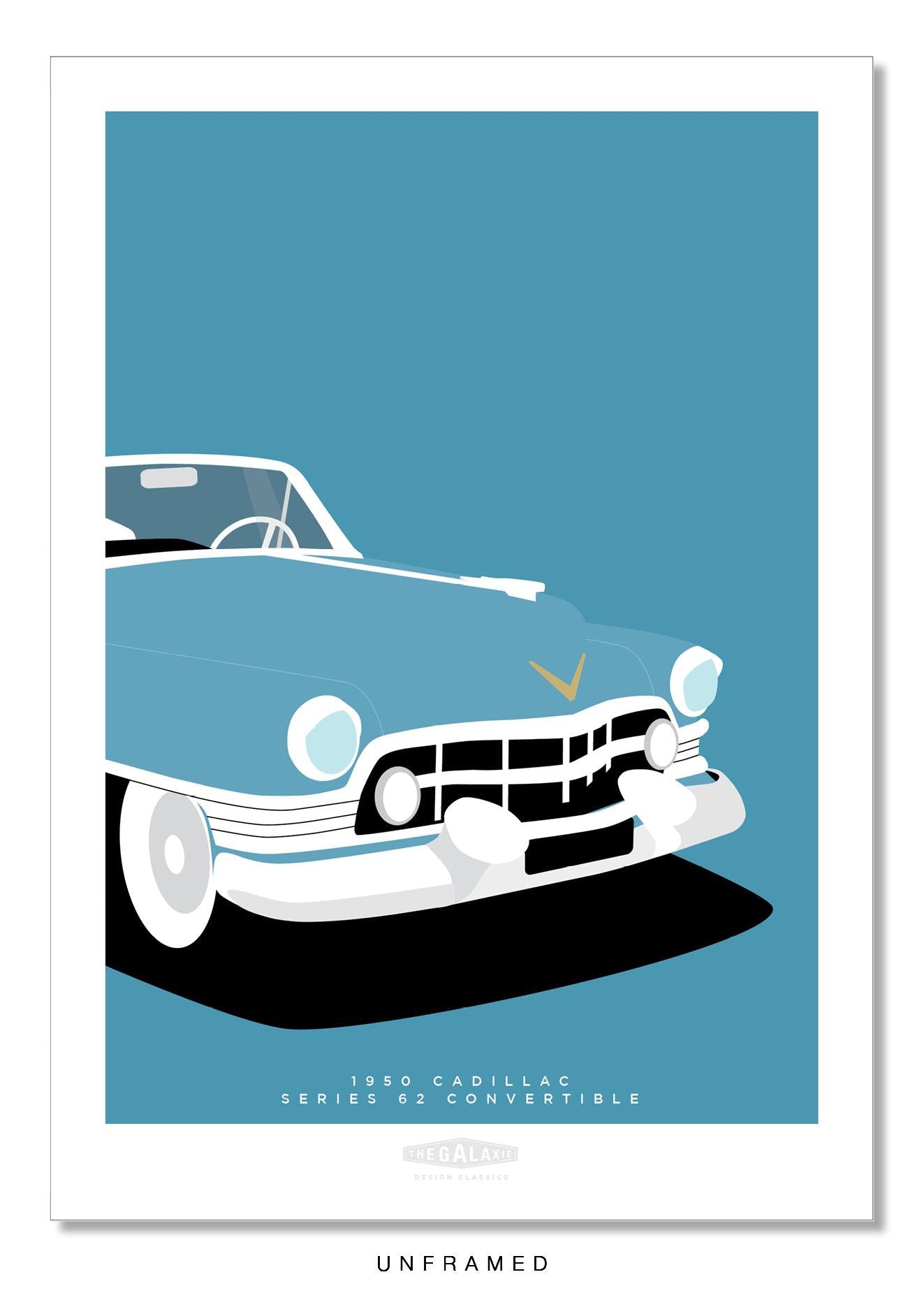 Original hand drawn poster of the magnificent grille and bonnet of a blue 1950 Cadillac Series 62 Convertible on a light blue background.
