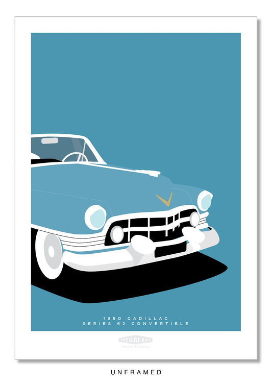 Original hand drawn poster of the magnificent grille and bonnet of a blue 1950 Cadillac Series 62 Convertible on a light blue background.