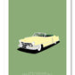 Original hand drawn poster of a magnificent cream 1950 Cadillac Series 62 Convertible on a light green background.