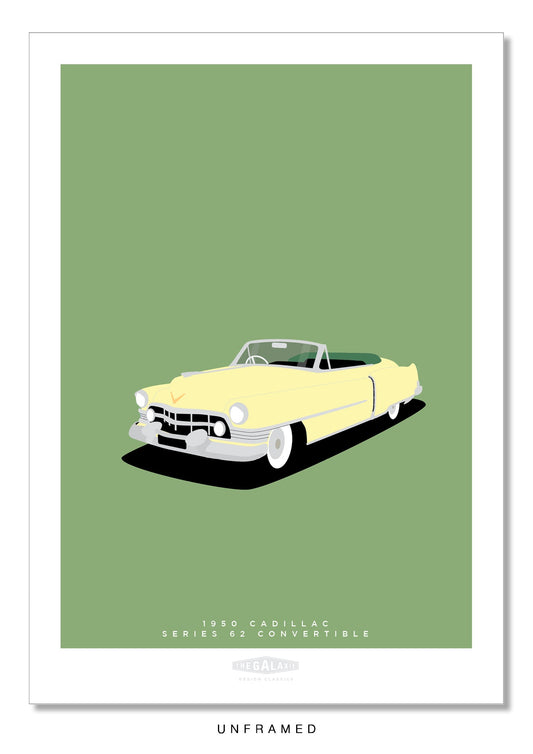 Original hand drawn poster of a magnificent cream 1950 Cadillac Series 62 Convertible on a light green background.