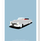 Original hand drawn poster of a magnificent light grey 1950 Cadillac Series 62 Convertible on a soft blue background.