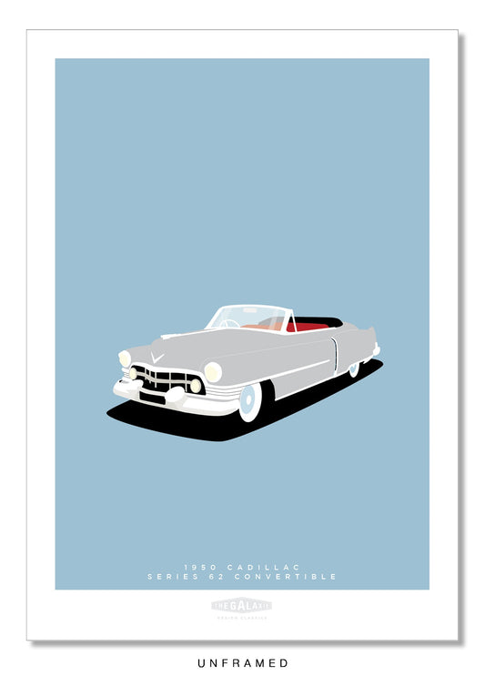 Original hand drawn poster of a magnificent light grey 1950 Cadillac Series 62 Convertible on a soft blue background.