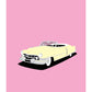 Original hand drawn poster of a magnificent cream 1950 Cadillac Series 62 Convertible on a 50's pink background.