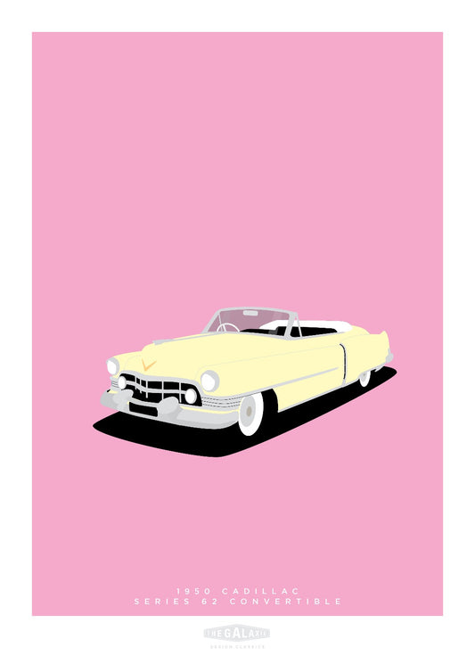 Original hand drawn poster of a magnificent cream 1950 Cadillac Series 62 Convertible on a 50's pink background.