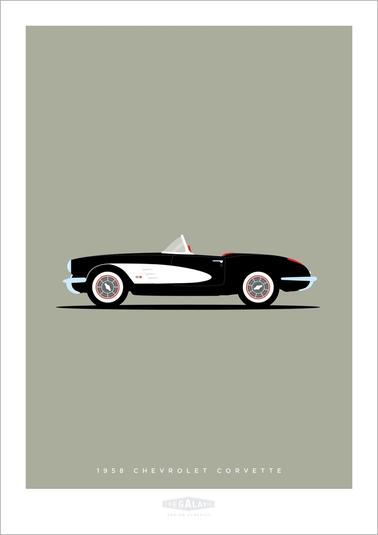 Original hand drawn poster of a magnificent black 1956 Chevrolet Corvette Roadster on a soft grey background.
