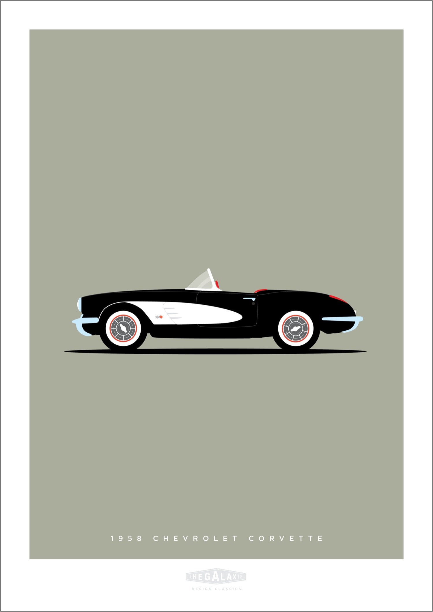 Original hand drawn poster of a magnificent black 1956 Chevrolet Corvette Roadster on a soft grey background.