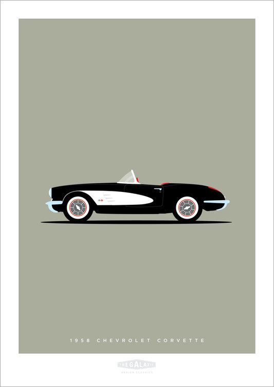 Original hand drawn poster of a magnificent black 1956 Chevrolet Corvette Roadster on a soft grey background.