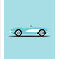 Original hand drawn poster of a magnificent acqua 1956 Chevrolet Corvette Roadster on a soft acqua background.