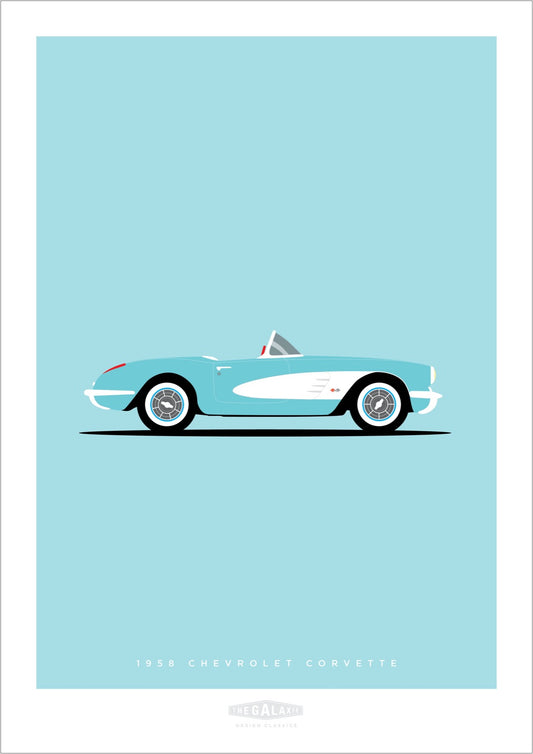 Original hand drawn poster of a magnificent acqua 1956 Chevrolet Corvette Roadster on a soft acqua background.