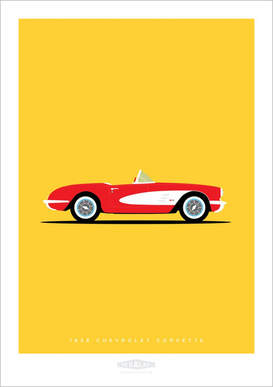 Original hand drawn poster of a magnificent red 1956 Chevrolet Corvette Roadster on a sunny yellow background.