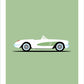 Original hand drawn poster of a magnificent white 1956 Chevrolet Corvette Roadster on a soft green background.