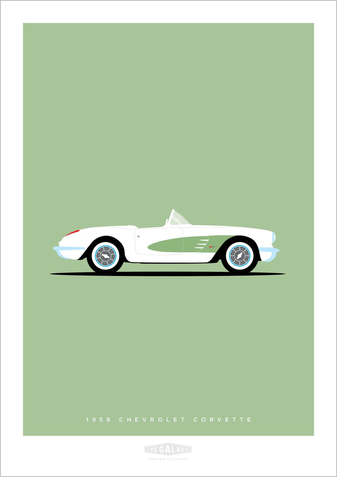 Original hand drawn poster of a magnificent white 1956 Chevrolet Corvette Roadster on a soft green background.