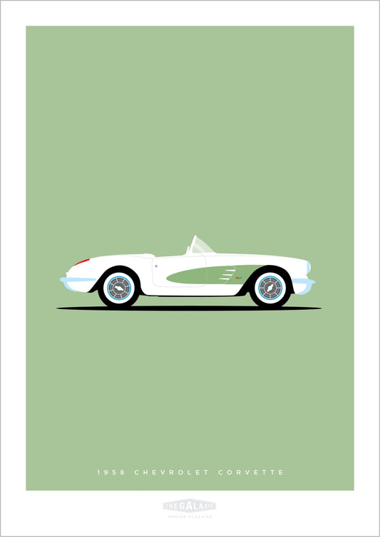 Original hand drawn poster of a magnificent white 1956 Chevrolet Corvette Roadster on a soft green background.
