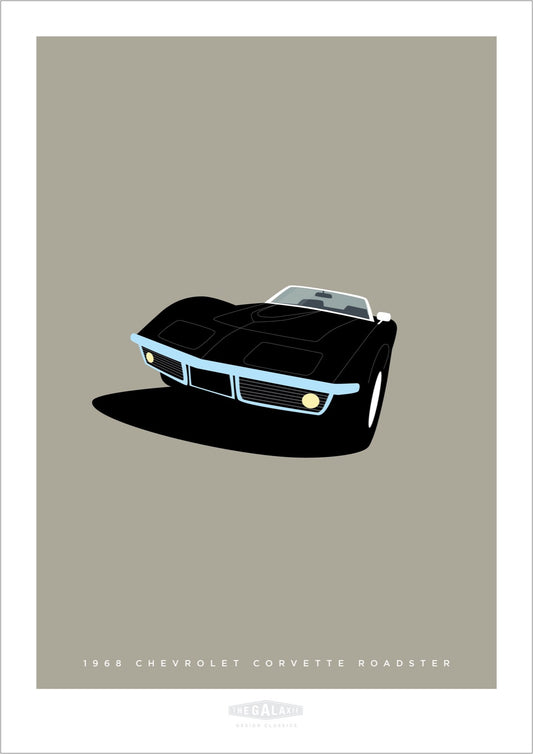 Original hand drawn poster of a magnificent black 1968 Chevrolet Corvette Roadster on a soft grey background.